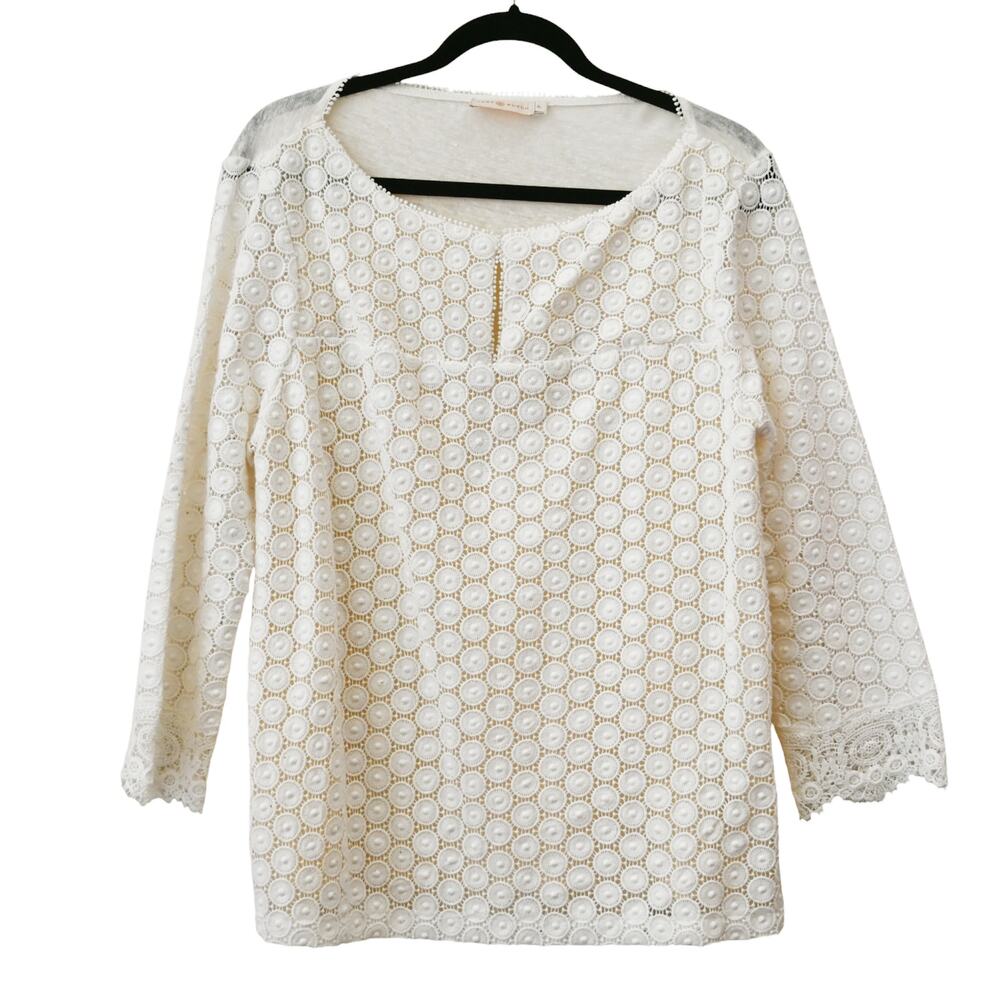 Tory Burch Elie Embroidered Eyelet Top XL Cream Crochet Cotton Linen 3/4 Sleeve